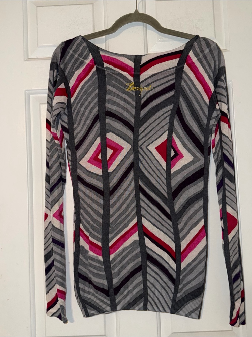 Desigual Long Sleeve Floral Geometric Knit Sweater Top Pink Gray L - Picture 9 of 13